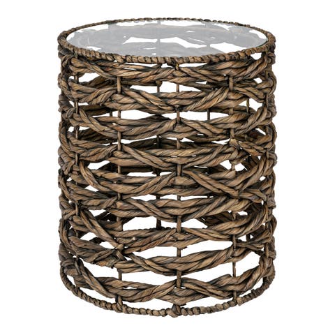 Malaya 16" Bohemian Coastal Handwoven Water Hyacinth Open Weave Round End Table with Glass Top