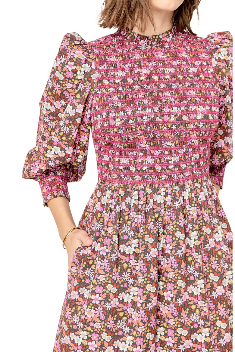 Floral Smock Bodice Midi Dress, Alternate, color, PINK