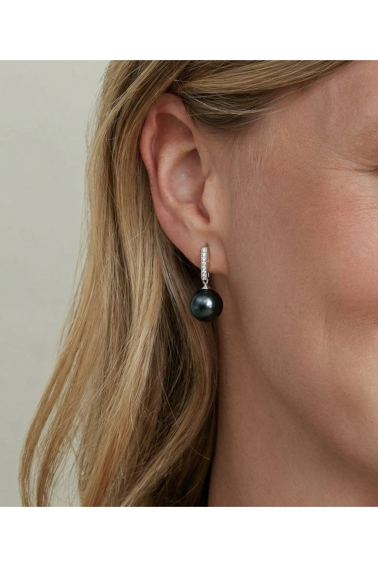 Black Akoya Pearl Dangling Diamond Earrings, Alternate, color, White Gold
