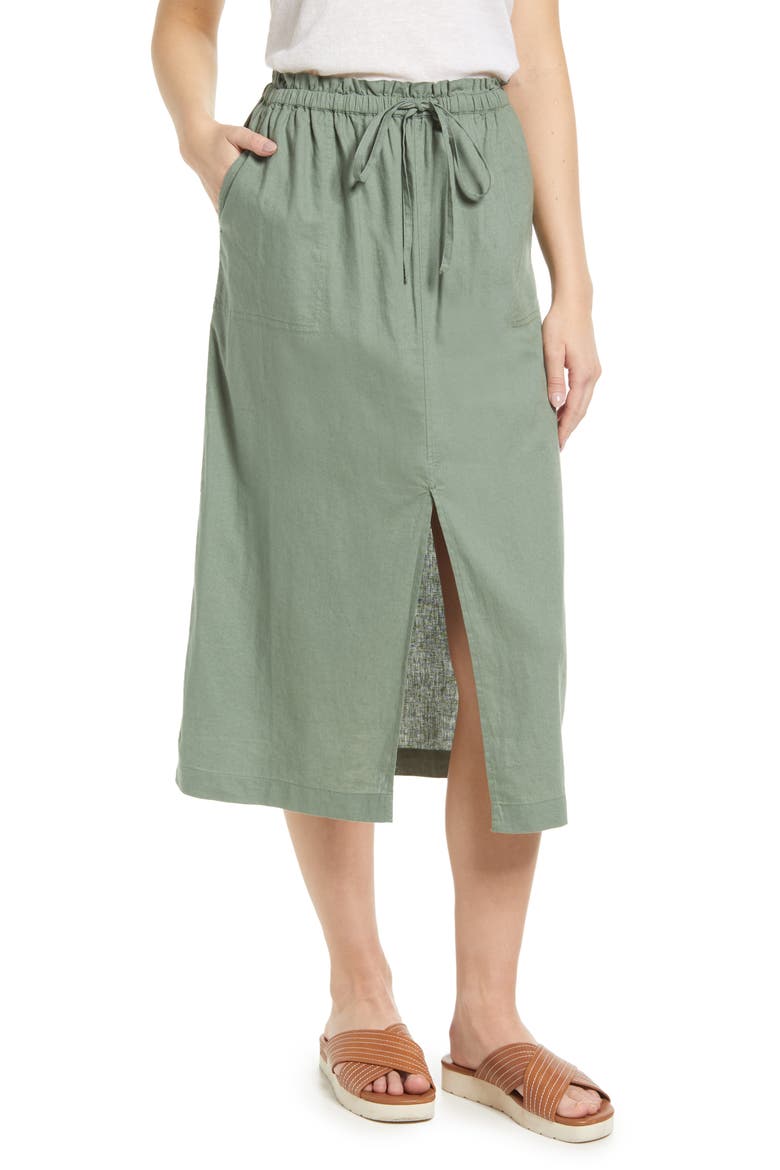 LINEN FRONT SLIT MIDI SKIRT, Main, color, GREEN DUNE