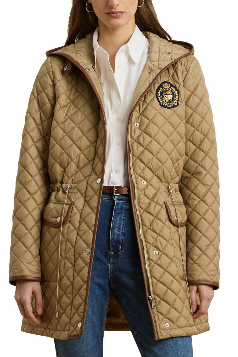 Logo Patch Quilted Coat, Main, color, BIRCH TAN