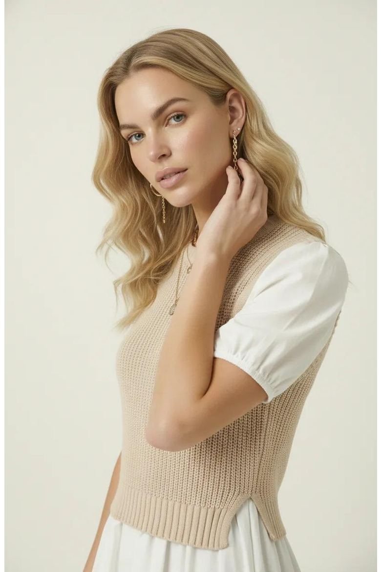 Ribbed Sleeveless Sweater Dress with Puff Sleeves, Alternate, color, White