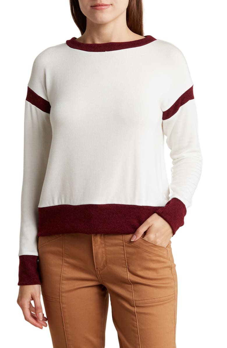 GO COUTURE Spring Varsity Long Sleeve Top, Main, color, Ivory/ Burgundy