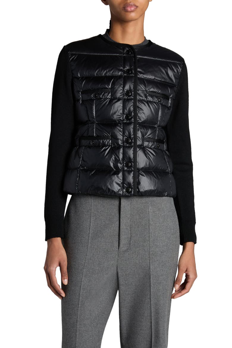 Mixed Media Down Cardigan, Main, color, BLACK