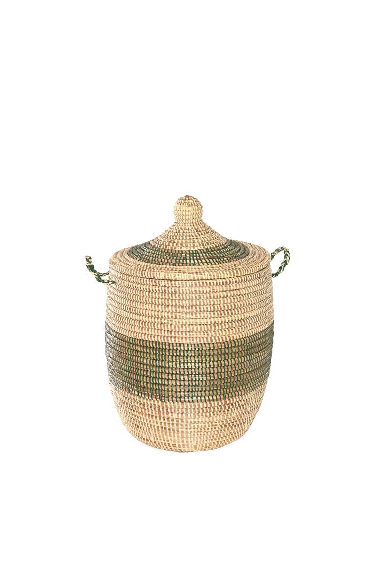 African Modern Set of Three Green and Cream Mixed Pattern Hampers, Alternate, color, Green And Cream
