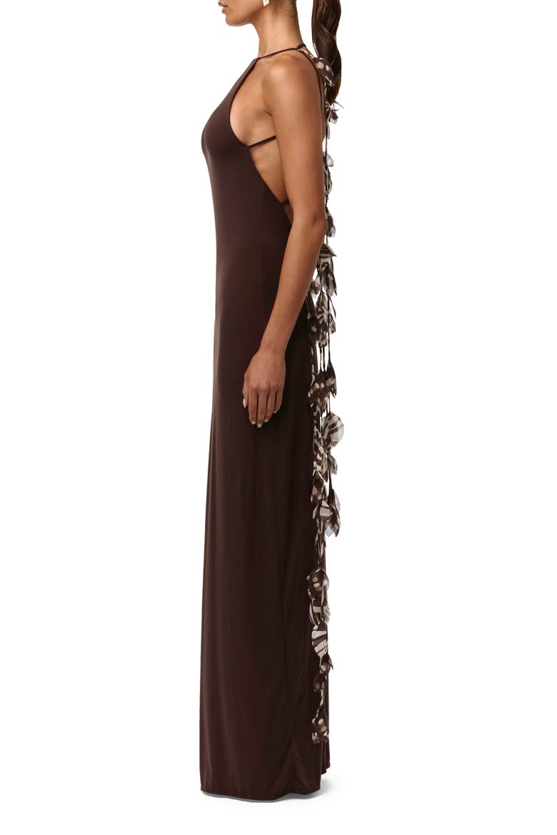 Floral Chiffon Tassel Halter Neck Maxi Dress, Alternate, color, DARK CHOCOLATE