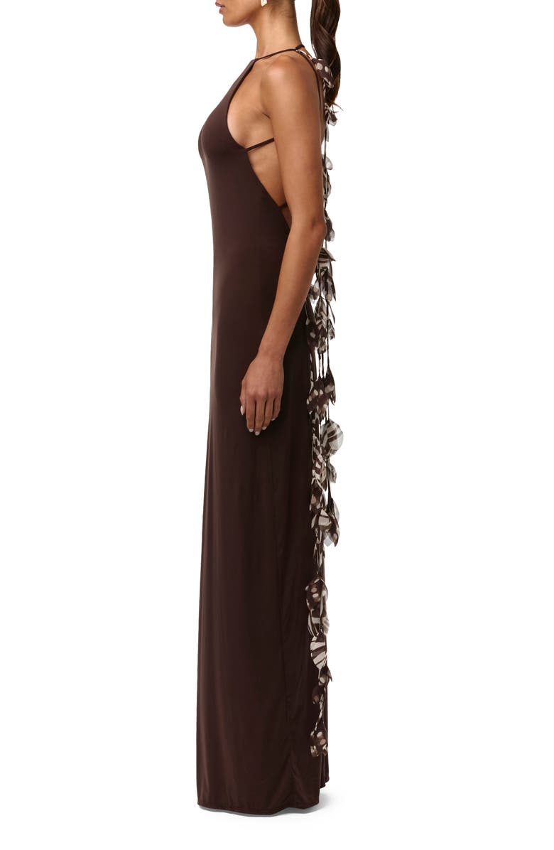 Naked Wardrobe Floral Chiffon Tassel Halter Neck Maxi Dress, Alternate, color, Dark Chocolate