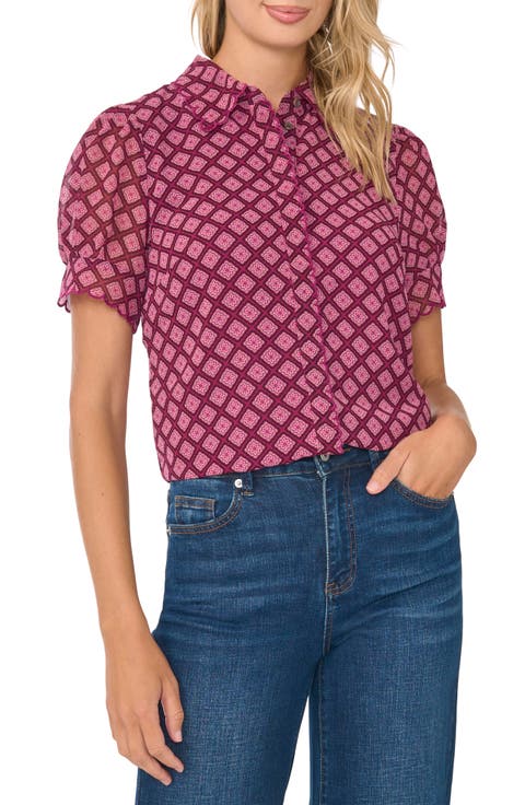 Print Scallop Puff Sleeve Shirt