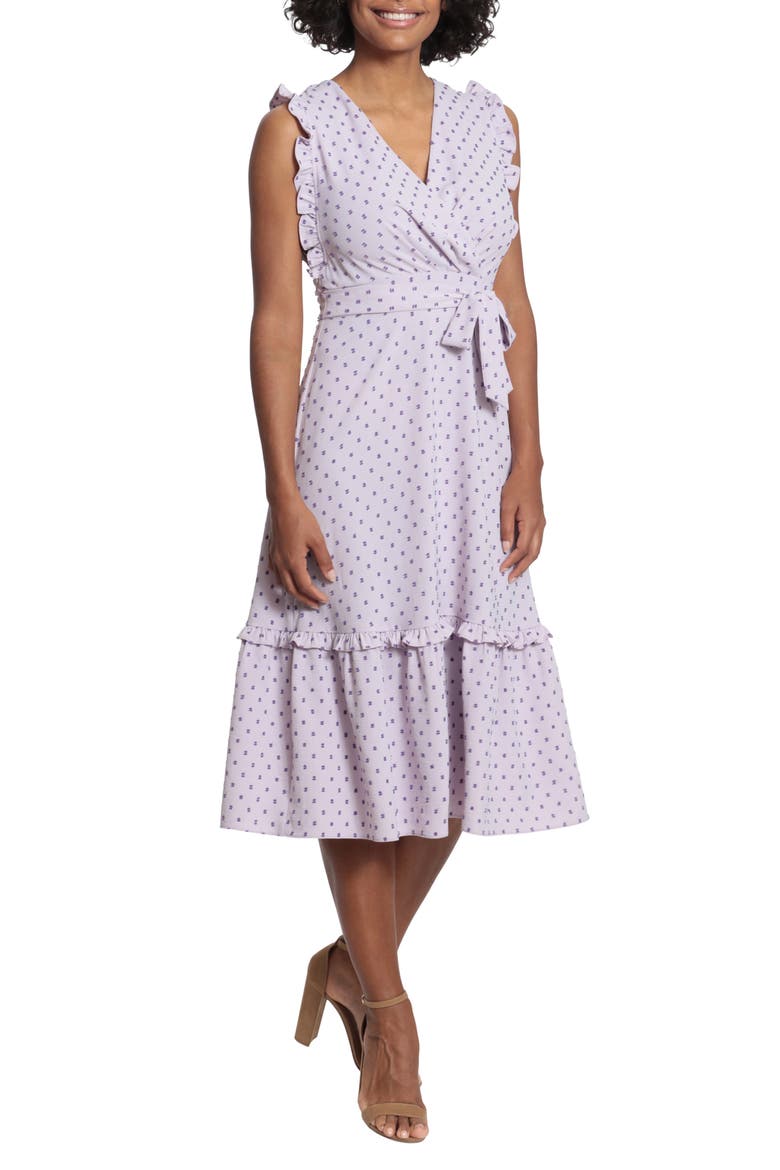 Swiss Dot Ruffle Trim Midi Dress, Main, color, LILAC
