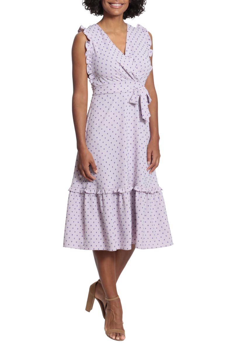 London Times Swiss Dot Ruffle Trim Midi Dress, Main, color,