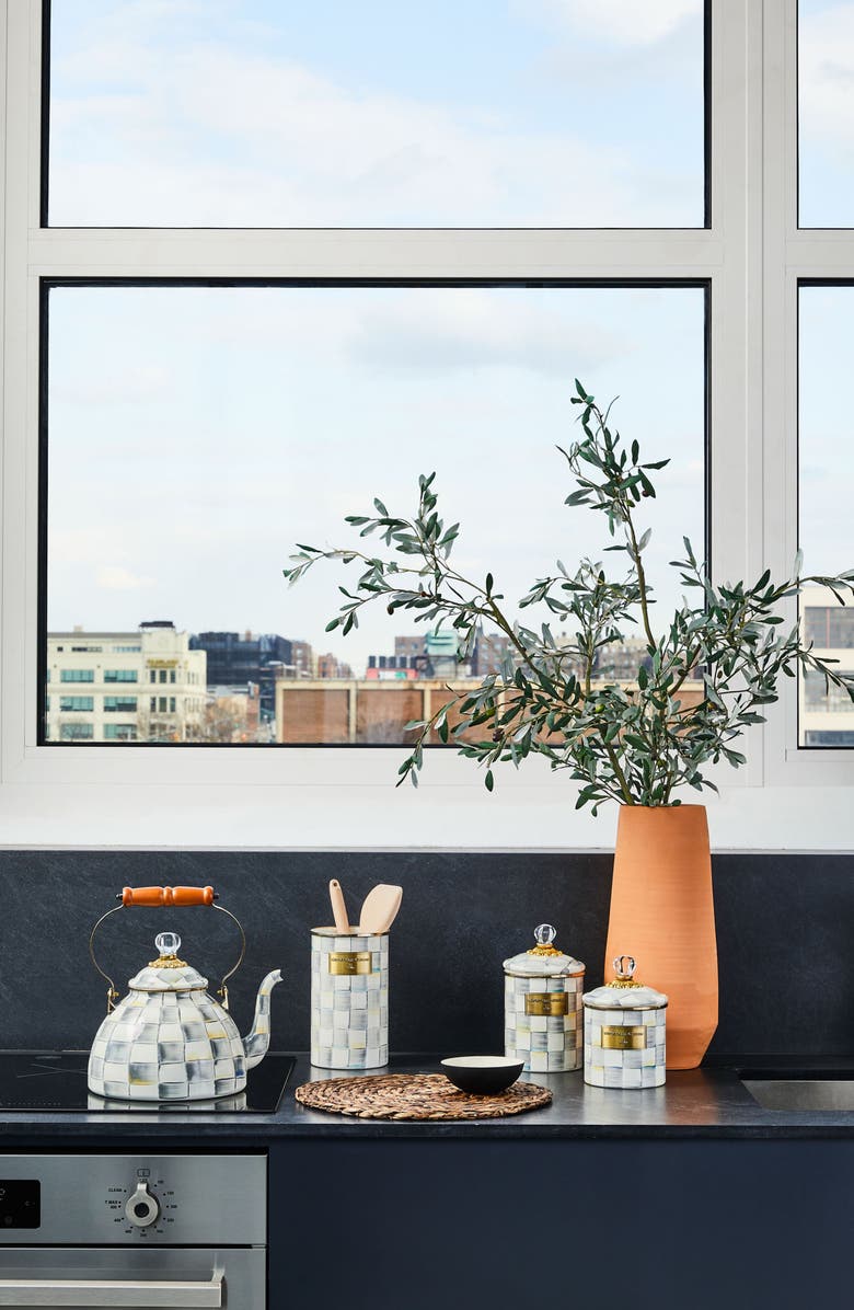 MACKENZIE CHILDS Sterling Check Enameled Steel Small Canister, Alternate, color, Grey/ White