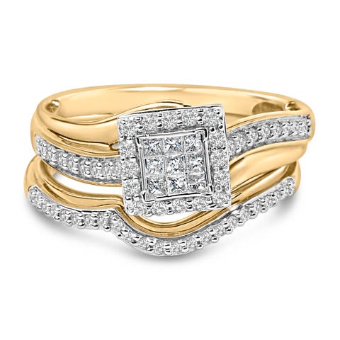 14K Yellow Gold Plated Sterling Silver 1/2 Cttw Princess Square Diamond Bridal Set