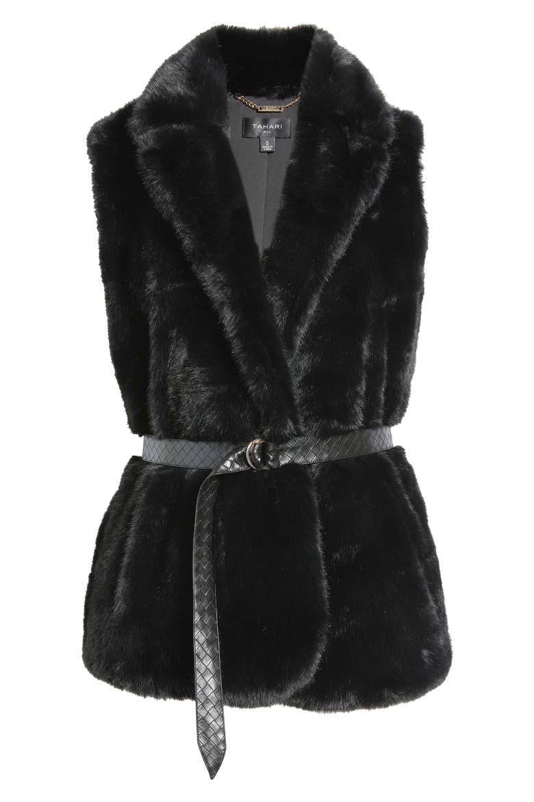 Belted Faux Fur Vest, Alternate, color, BLACK