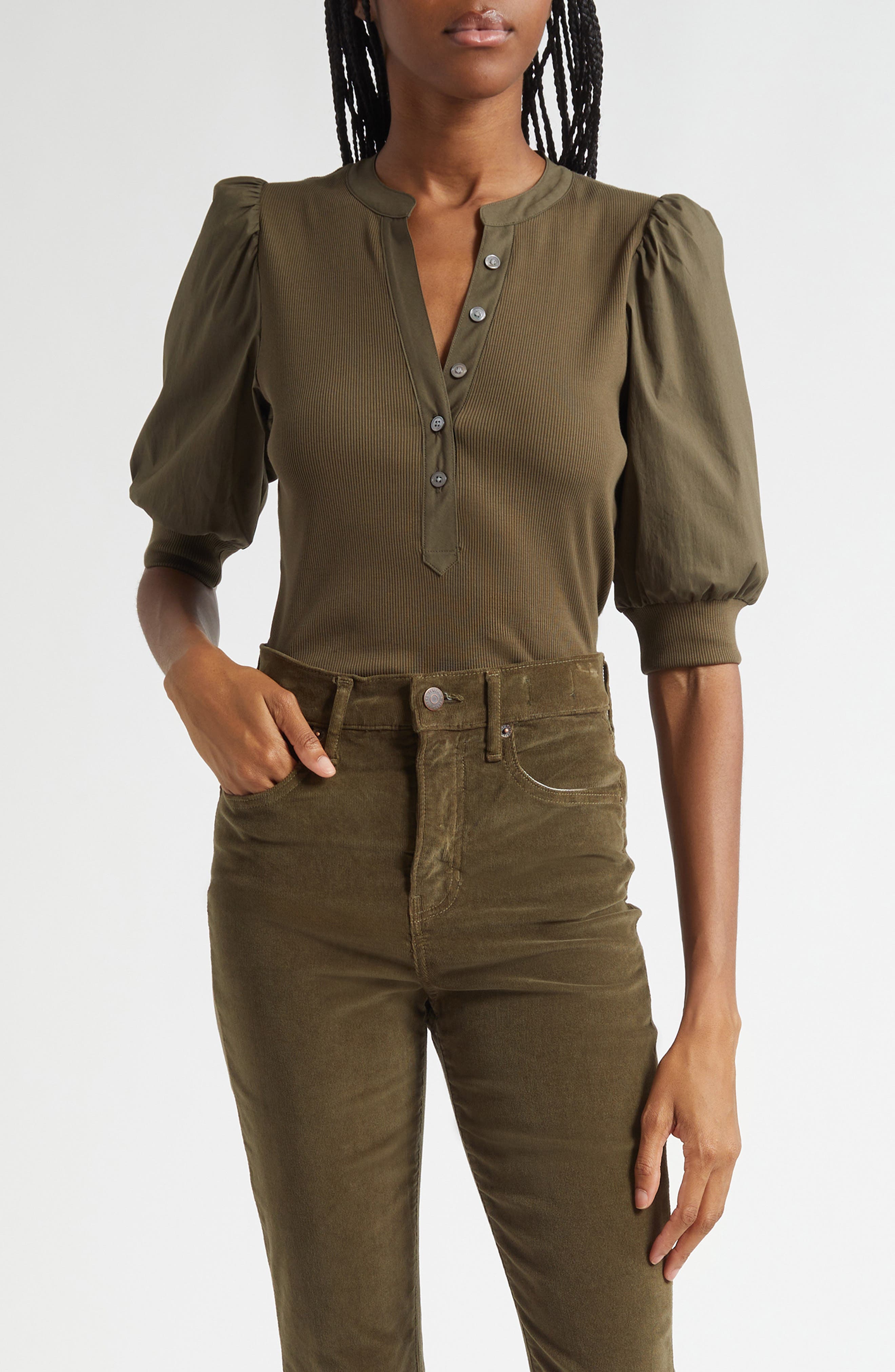 Veronica Beard Coralee Puff Sleeve Mixed Media Henley Top