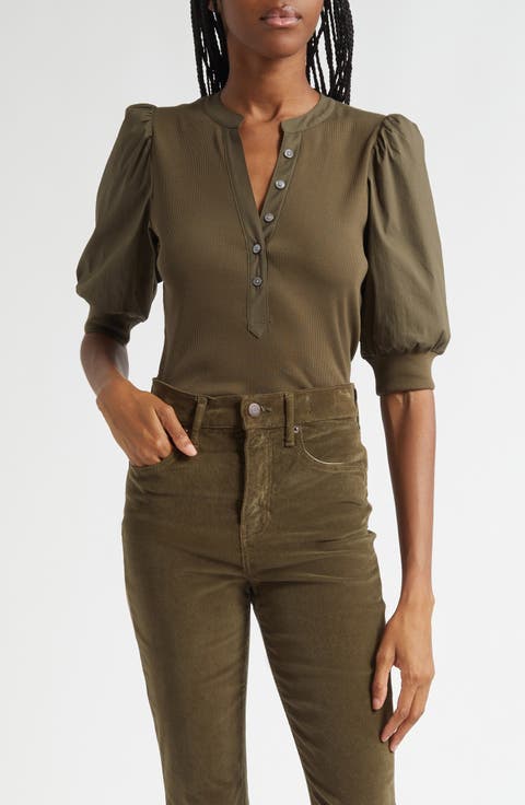 Coralee Puff Sleeve Mixed Media Henley Top