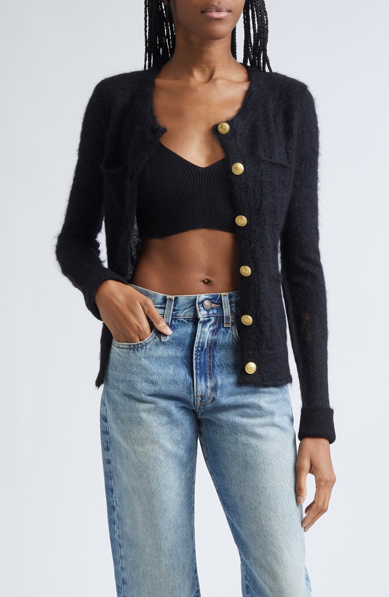 R13 Elongated Shrunken Distressed Mohair Blend Cardigan, Main, color, Black