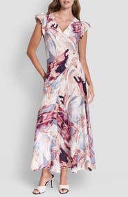DKNY Puff Sleeve Satin Maxi Dress