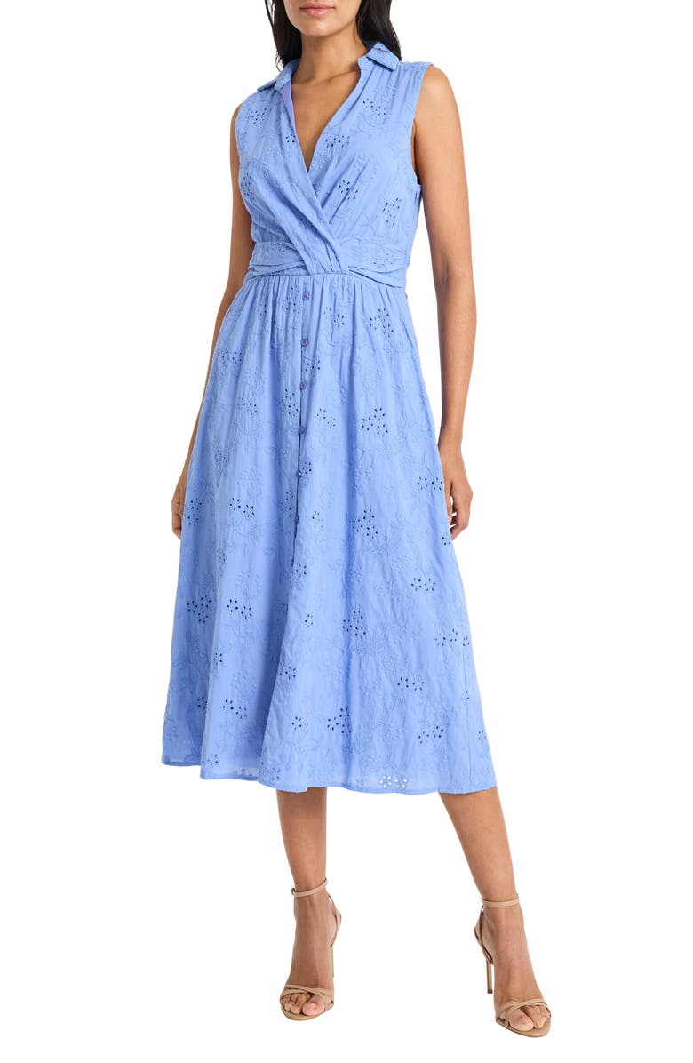Maggy London Front Twist Cotton Eyelet Shirtdress, Main, color, Blue Bonnet