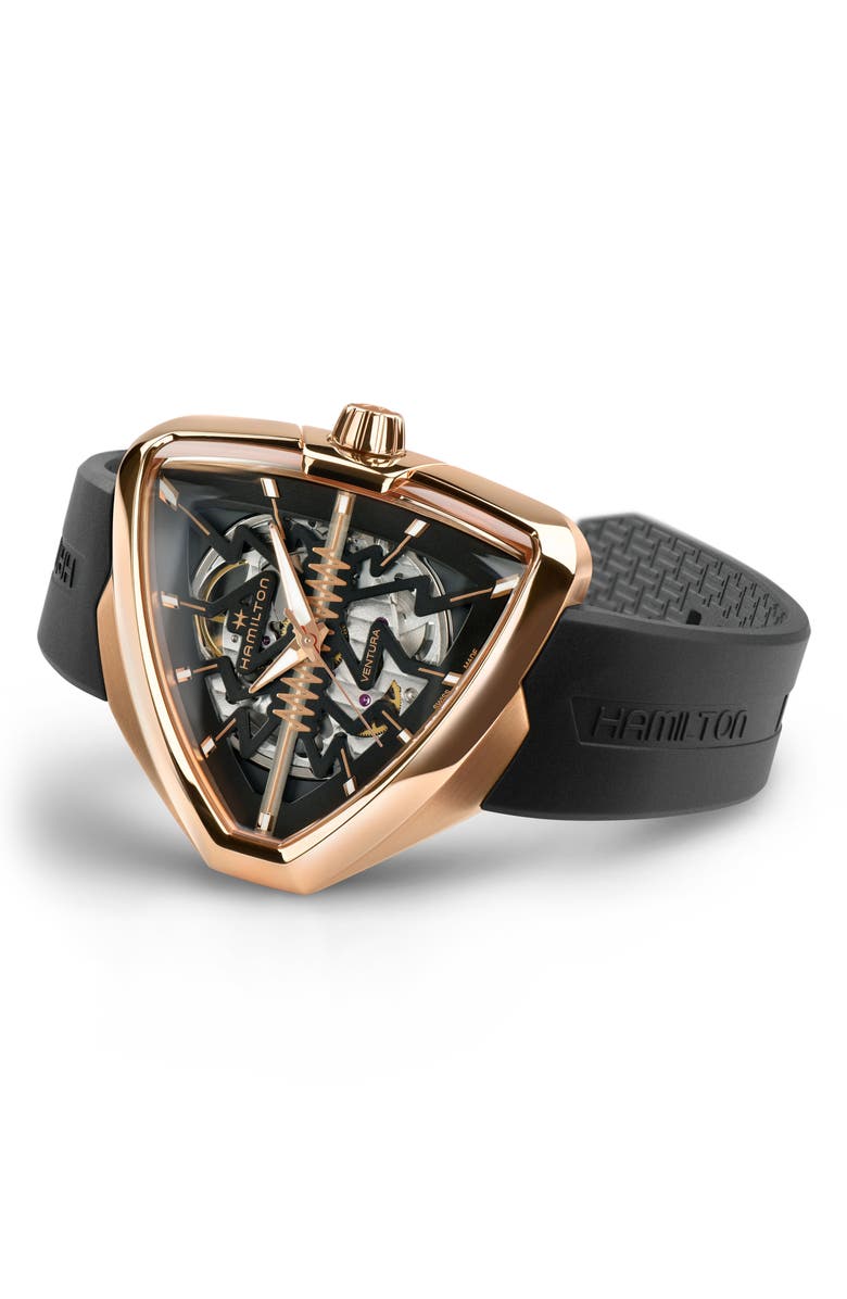 Hamilton Ventura Elvis80 Skeleton Automatic Rubber Strap Watch, 44.6mm, Alternate, color, Black