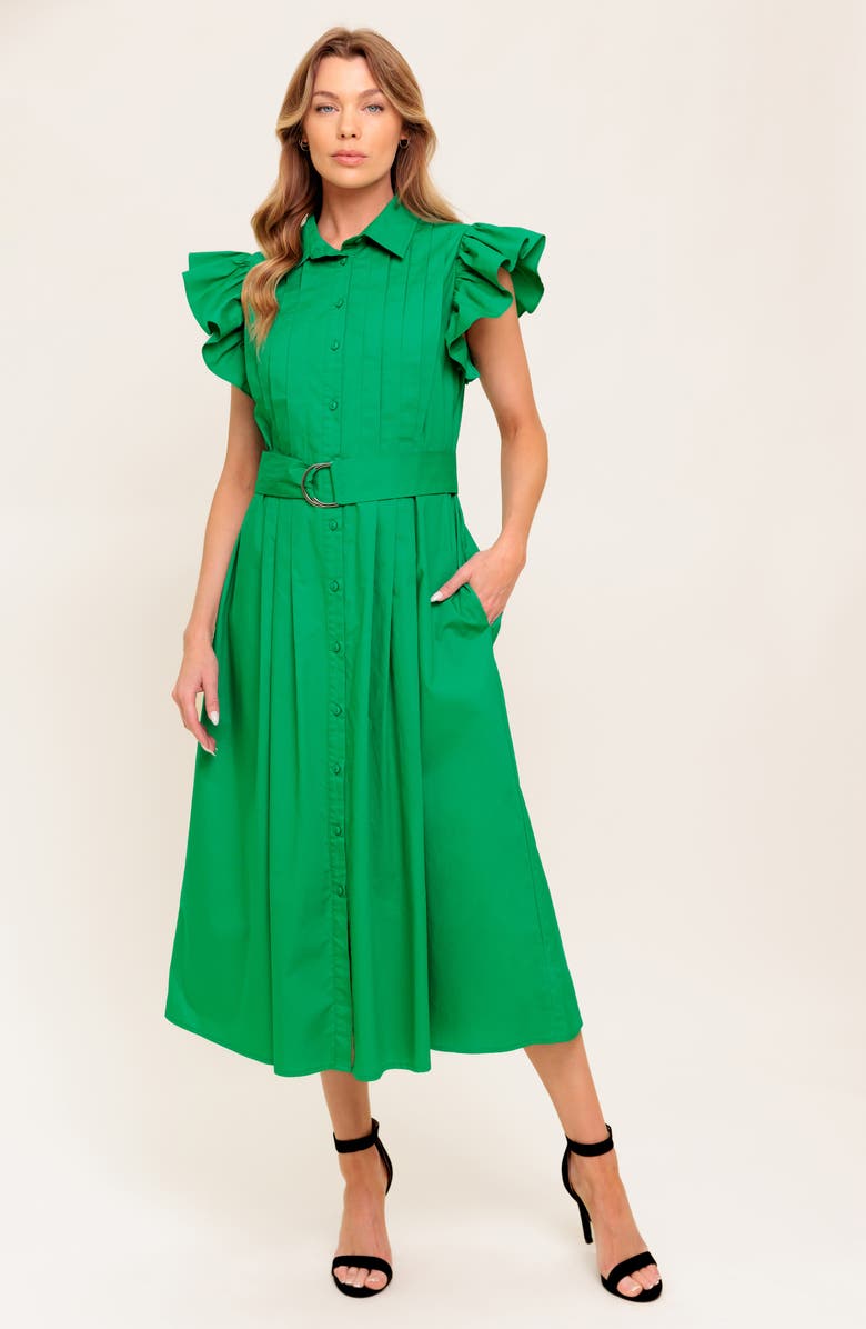 FLYING TOMATO Ruffle Cap Sleeve Belted Midi Shirtdress, Alternate, color, Green