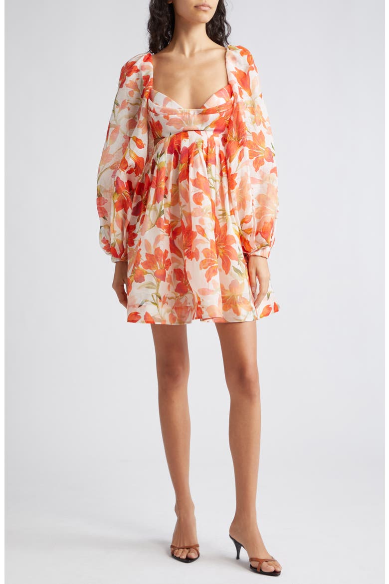 Tranquility Floral Long Sleeve Bralette Bodice Minidress, Main, color, RED LILY