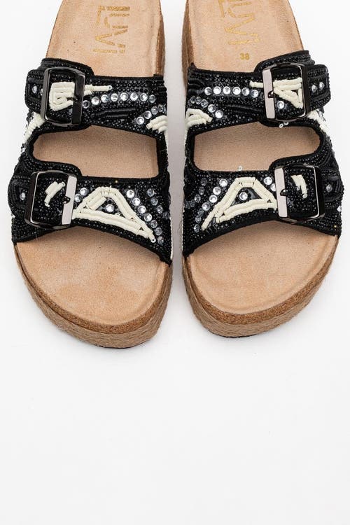 Prologue Shoes Bobby Beaded Straw Platform Slide Sandal In Black