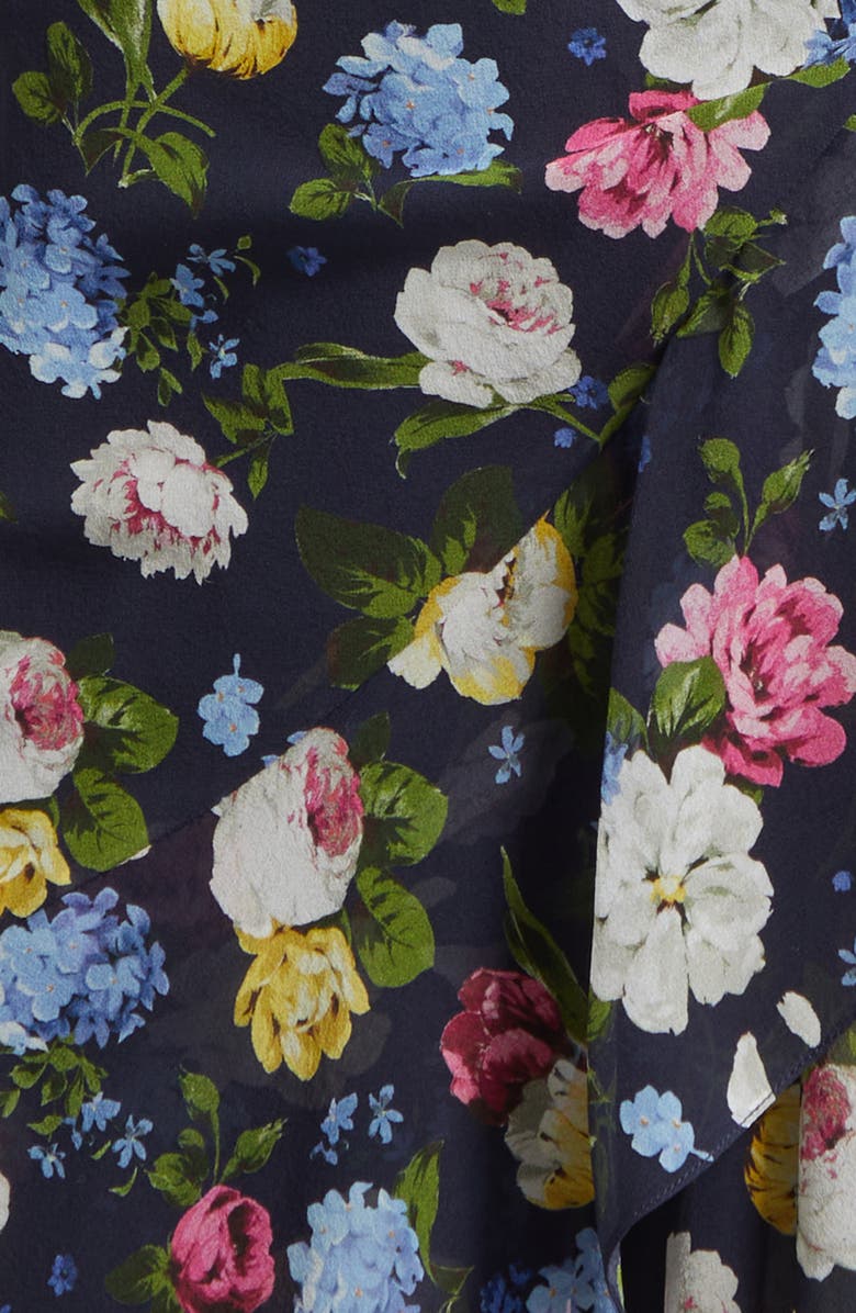 Carolina Herrera Floral Print Ruffle Asymmetric Silk Gown, Alternate, color, Midnight Multi