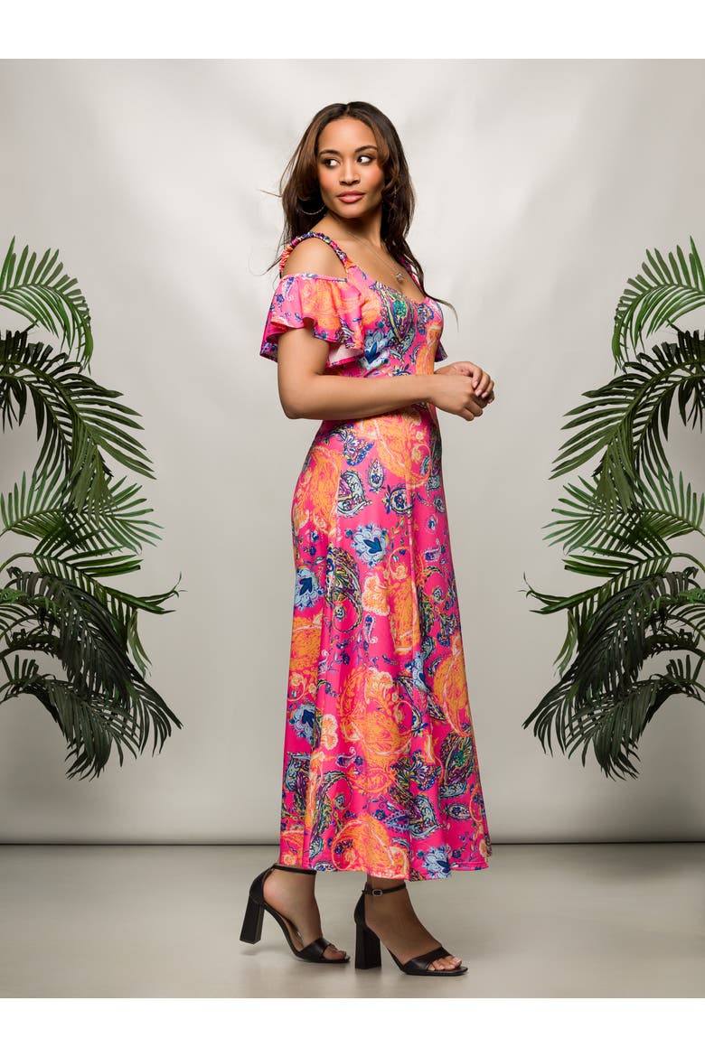 Pink Paisley Cold Sholder Ruffle Sleeve A-Line Maxi Dress, Alternate, color, Pink Multi