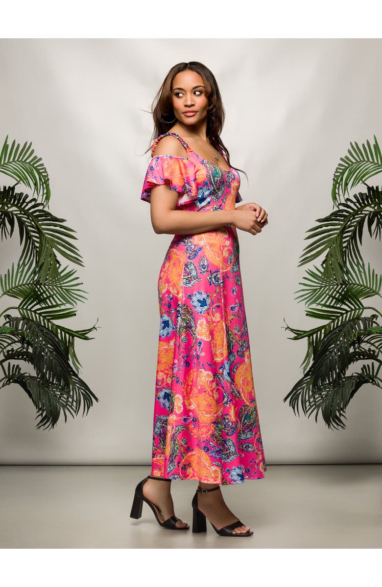 24seven Comfort Apparel Pink Paisley Cold Sholder Ruffle Sleeve A-Line Maxi Dress, Alternate, color, Pink Multi