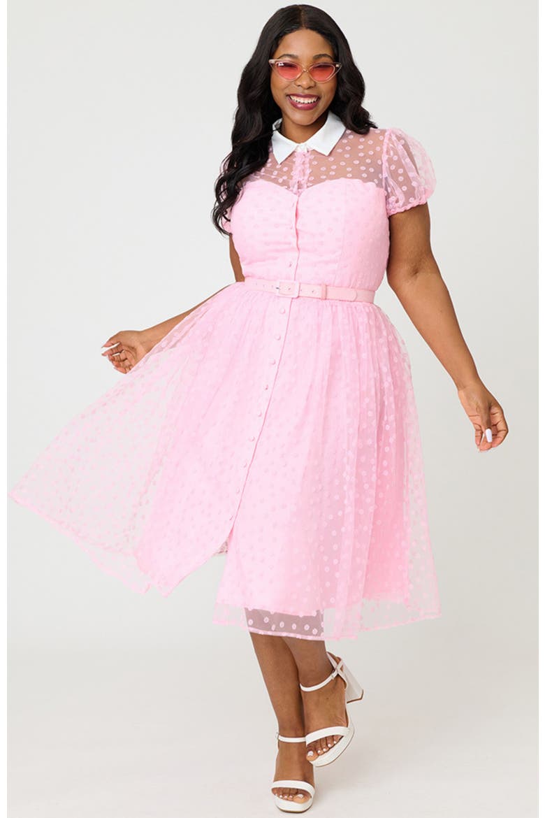 Plus Size 1950s Short Sleeve Collared Hollie Swing Dress, Alternate, color, Pink Daisy Print