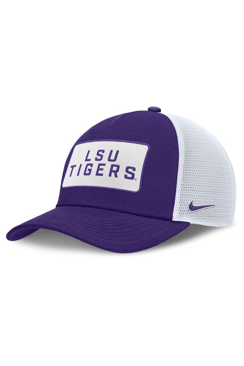 Men's Nike Purple/White LSU Tigers 2025 On-Field Rise Patch Trucker Adjustable Hat, Main, color, Purple