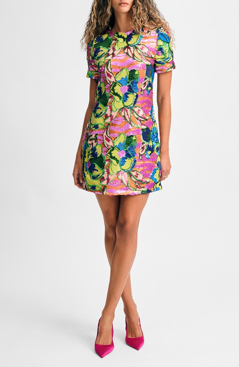 Isaac Mizrahi New York Floral Sequin Shift Minidress, Main, color, 