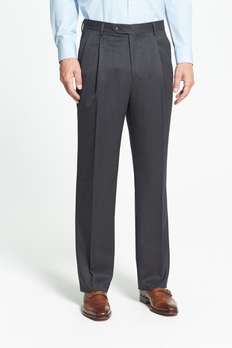 Pleated Classic Fit Wool Gabardine Dress Pants, Alternate, color, CHARCOAL