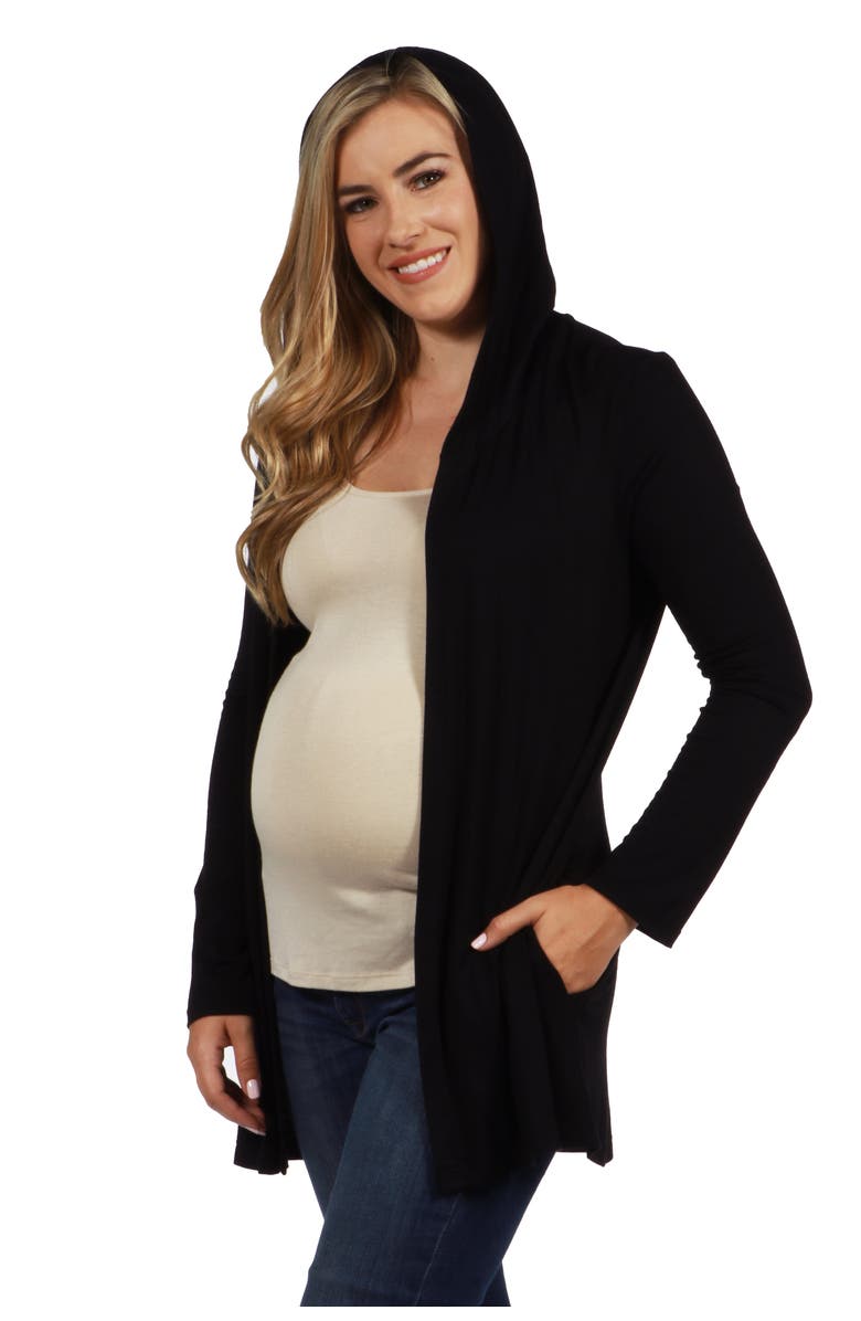 24seven Comfort Apparel Open Front Lightweight Hooded Maternity Cardigan, Alternate, color, Black
