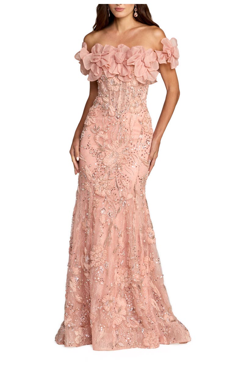 Mac Duggal Blush 3D Floral Embellished Off The Shoulder Mermaid Gown, Main, color, Blush