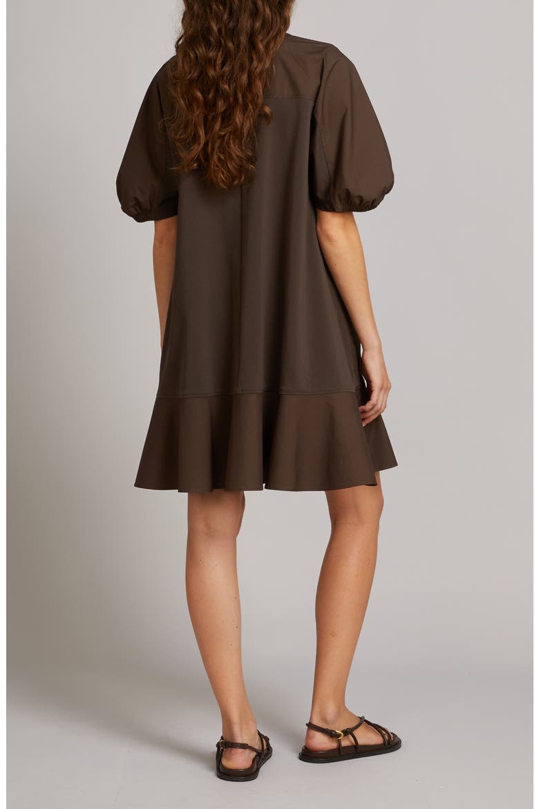 Onore Puff Sleeve Ruffle Hem Mixed Media Shift Dress, Alternate, color, DARK BROWN