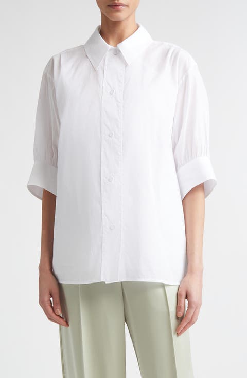Boxy Puff Sleeve Cotton Poplin Button-Up Shirt