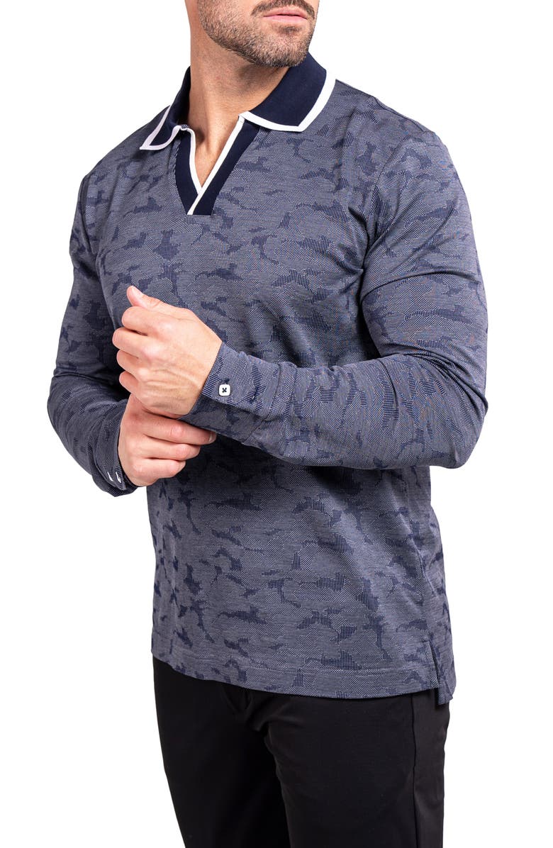 Maceoo Ascension0004 Blue Johnny Collar Long Sleeve Cotton Jacquard Polo, Alternate, color, Blue