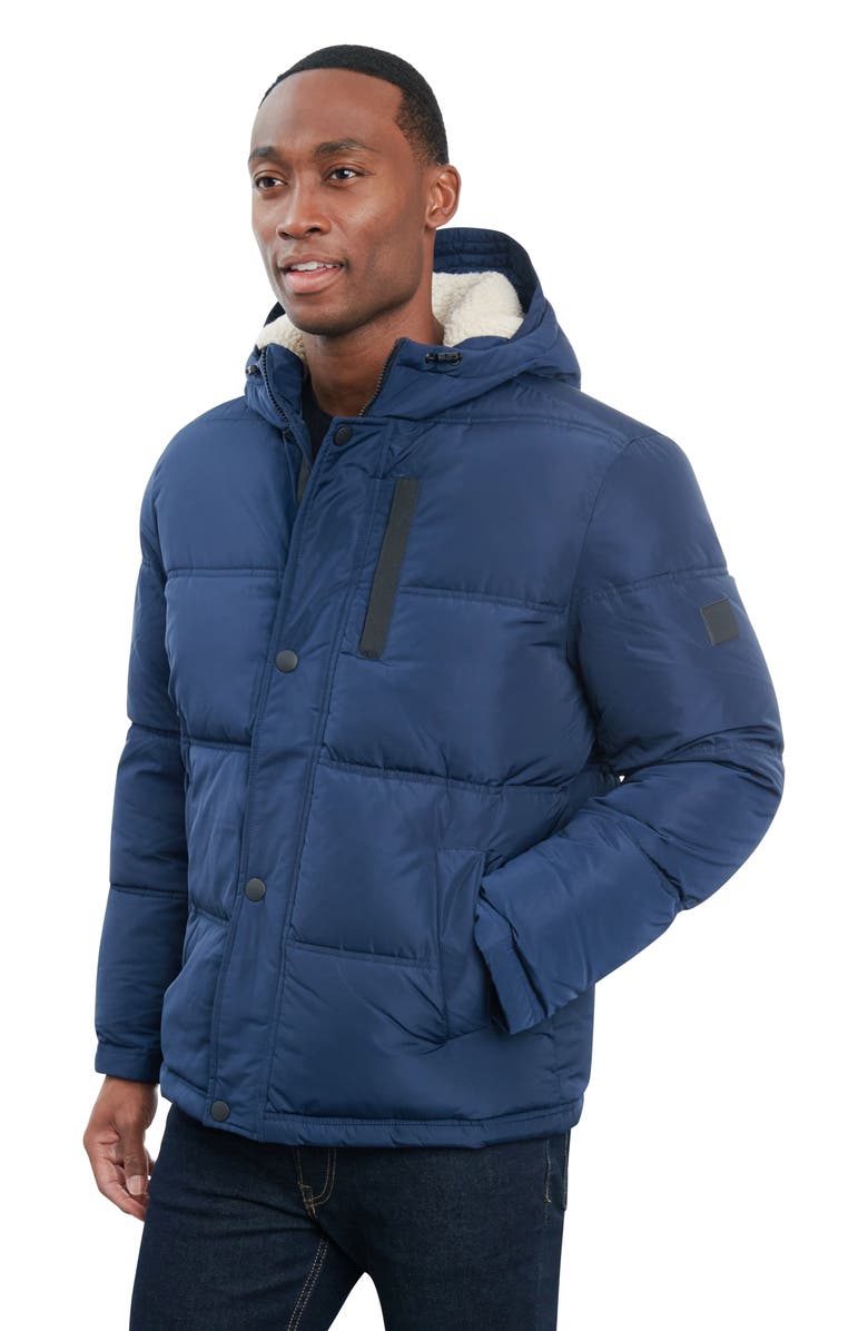Lucky Brand Davis Water Resistant Faux Shearling Lined Hood Puffer Jacket, Alternate, color, Midnight Navy