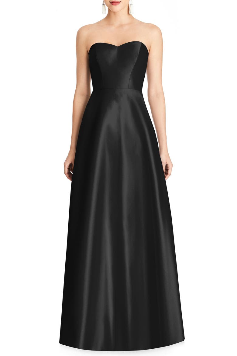 Strapless Satin A-Line Gown, Main, color, BLACK