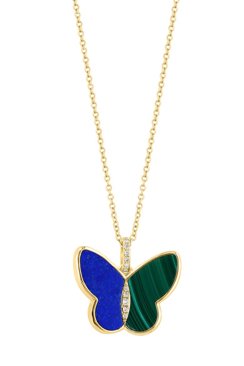 Diamond, Lapis Lazuli & Malachite Butterfly Pendant Necklace, Main, color, YELLOW GOLD MULTI