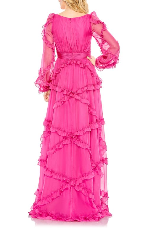 Mac Duggal Cascade Ruffle Long Sleeve A-line Gown In Fuchsia