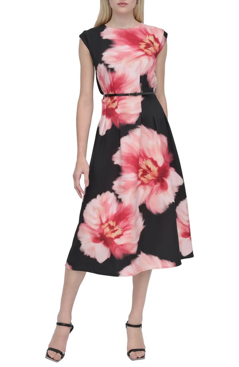 DKNY Floral Cap Sleeve Belted Midi Dress, Main, color, Black/ Pink Multi