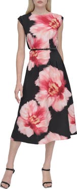 DKNY Floral Cap Sleeve Belted Midi Dress