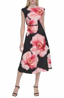 DKNY Floral Cap Sleeve Belted Midi Dress