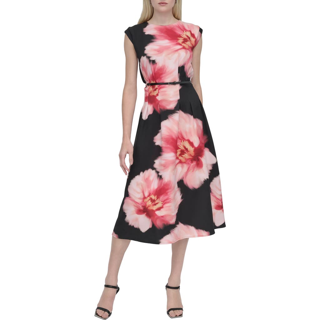 Dkny Floral Cap Sleeve Belted Midi Dress In Multi