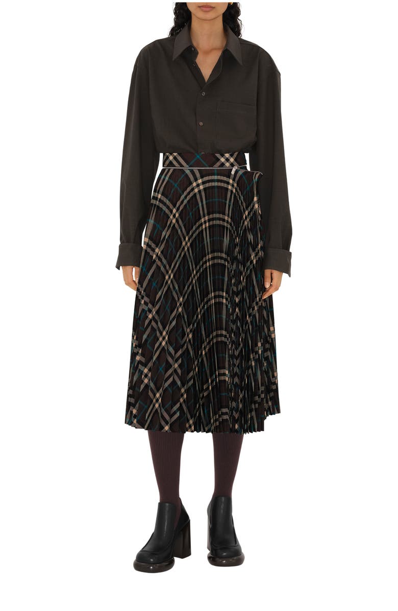 Burberry Pleated Check Wool Blend Midi Skirt, Main, color,