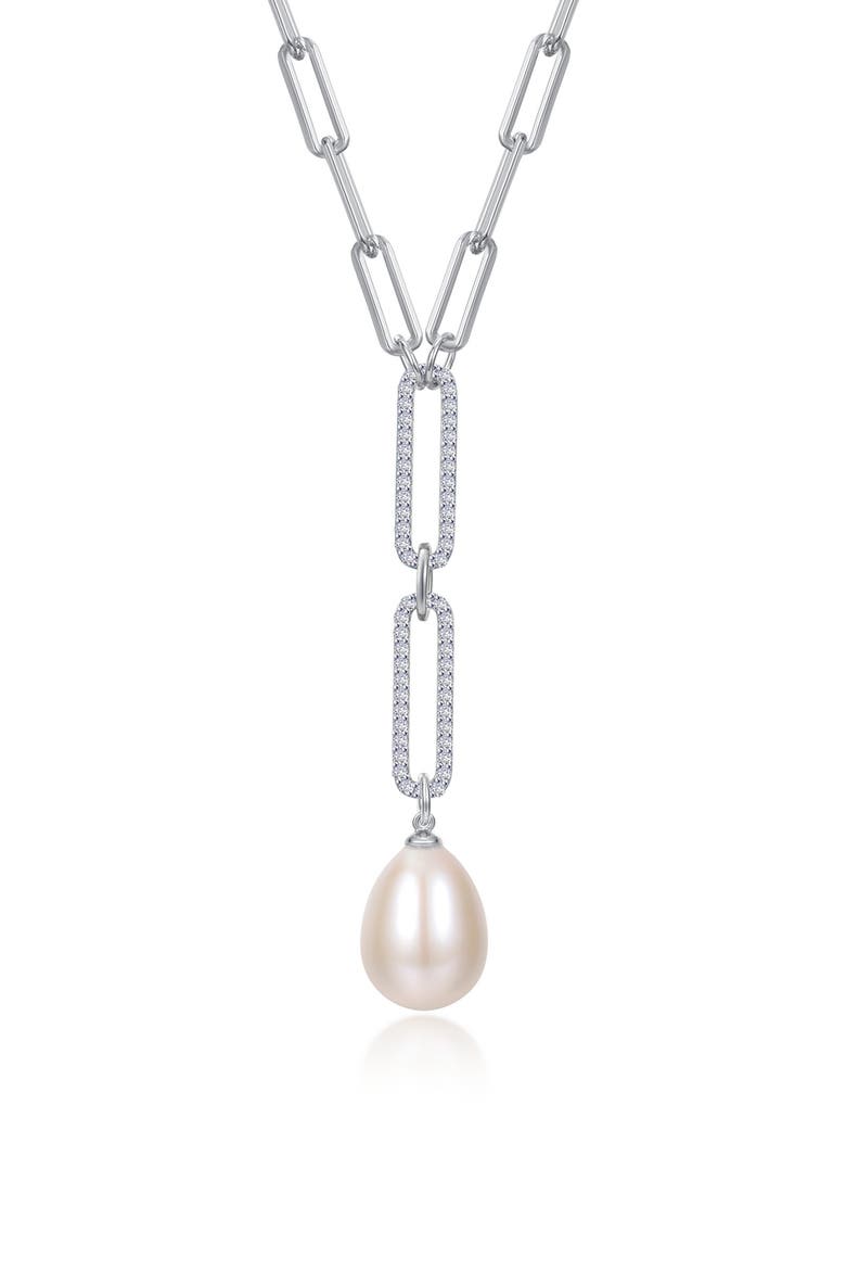 Cultured Pearl & Simulated Diamond Y Necklace, Main, color, SILVER