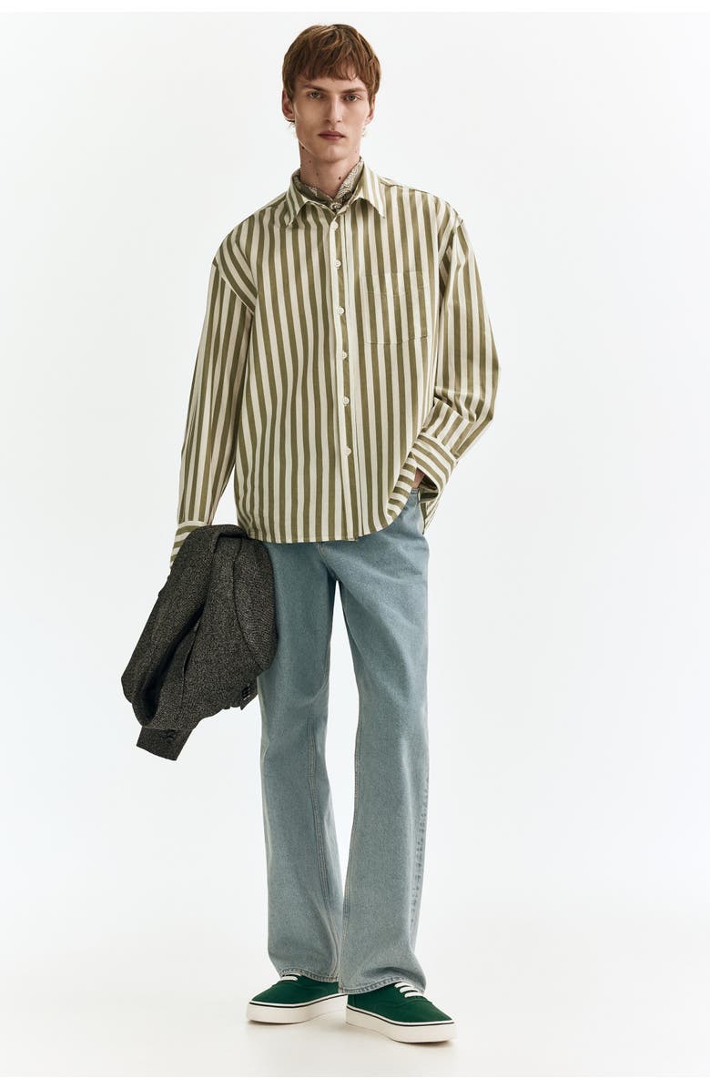 H&M Relaxed Fit Poplin Shirt, Alternate, color, Khaki Green/Striped