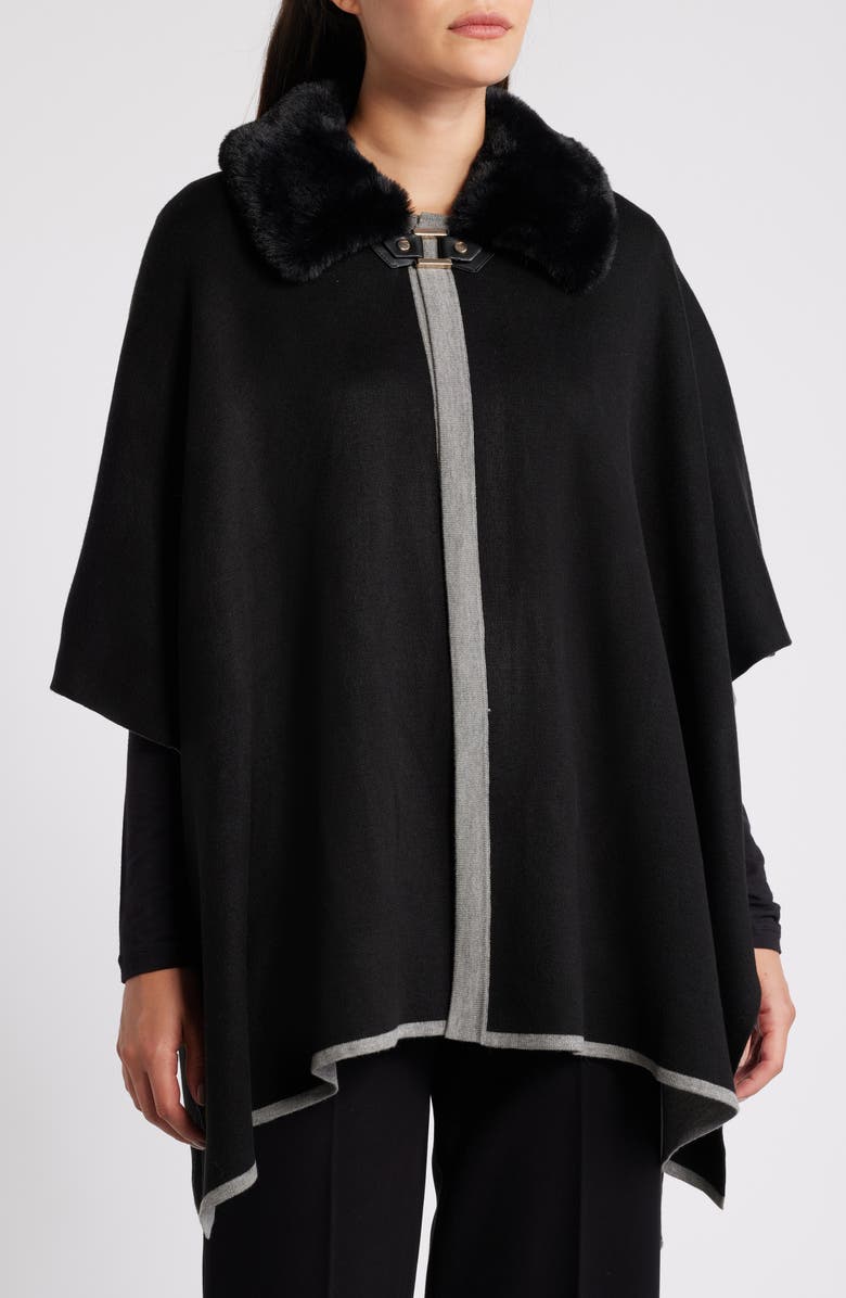 Anne Klein Faux Fur Collar Poncho, Main, color, 